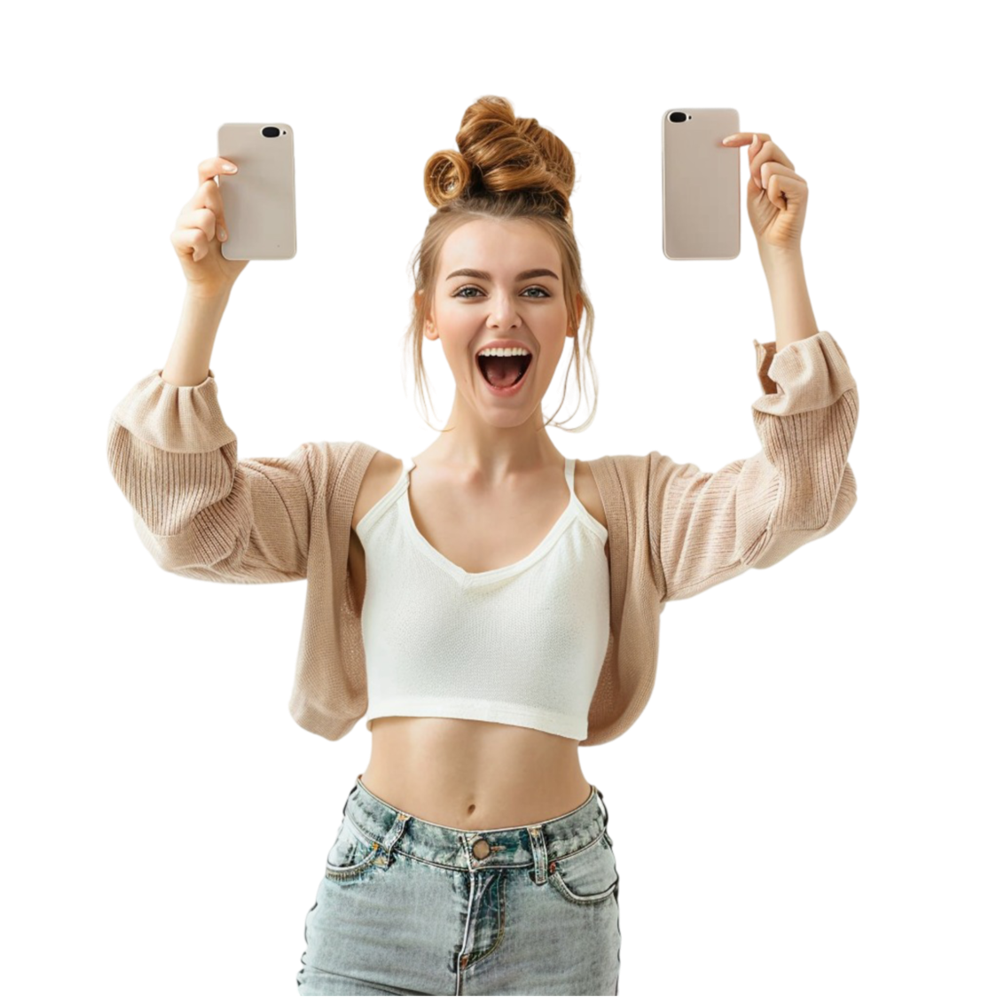 Happy woman checking social media